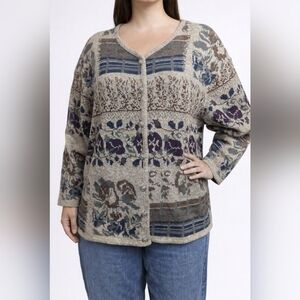 Vintage Tapestry Knit Cardigan Sweater | Oversized 1X | Earth Tone Patchwork